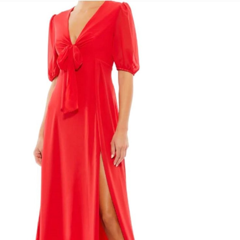 Brand New with Tags-Mac Duggal V Neck Bow Detail Flowy Midi Dress